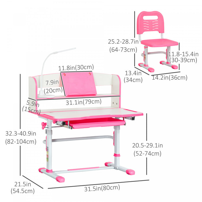 Qaba Bureau Enfant Avec Chaise Ensemble Bureau Et Chaise Reglable Avec Lampe, Support De Lecture, Etagere Pour Livres, Tiroir Coulissant Multi-rangements Bleu Blanc