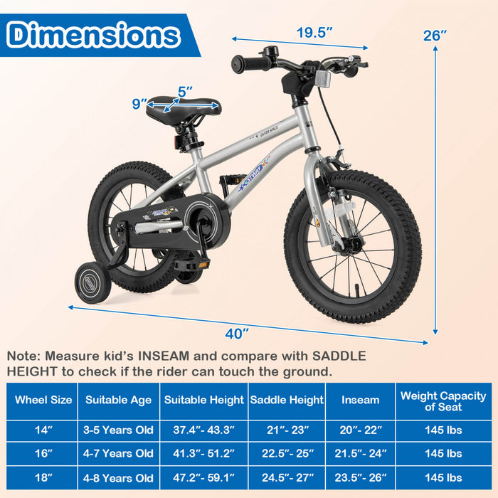 Velo Costway 14 Pouces Pour Enfants De 3 A 5 Ans Avec Selle Reglable Et Guidon Antiderapant Argent