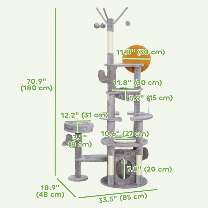 Pawhut Arbre A Chat De 71\" De Haut, Tour A Plusieurs Niveaux Pour Chats Avec Griffoirs, Coussin En Sisal, Lit, Hamac, Plates-formes, Centre D'activite Pour Chat, Gris Clair