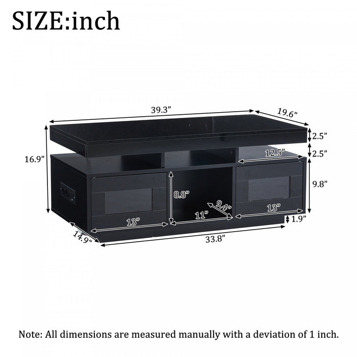 Lumina Table Basse Haute Brillance 39.3 po avec Lumieres LED, Port USB et Portes Transparentes, Noir
