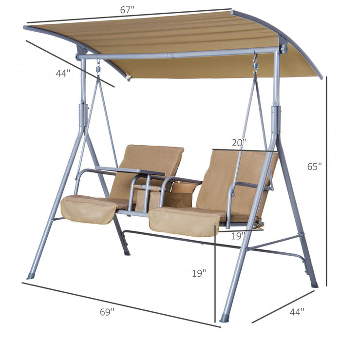 Chaise Pivotante Double Outsunny 2 Personnes Couverte Avec Table Pivotante Et Console De Rangement Beige