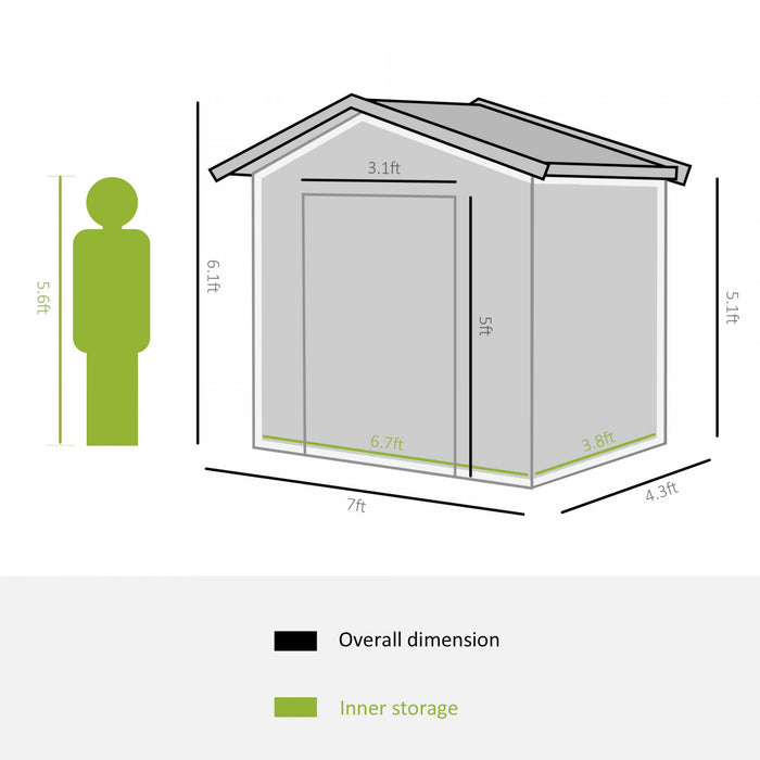 Outsunny Abri De Jardin 7' X 4' X 6' Abri De Jardin Exterieur Patio Maison De Stockage D'outils En Metal Avec Fondation Au Sol Et Portes Doubles Gris