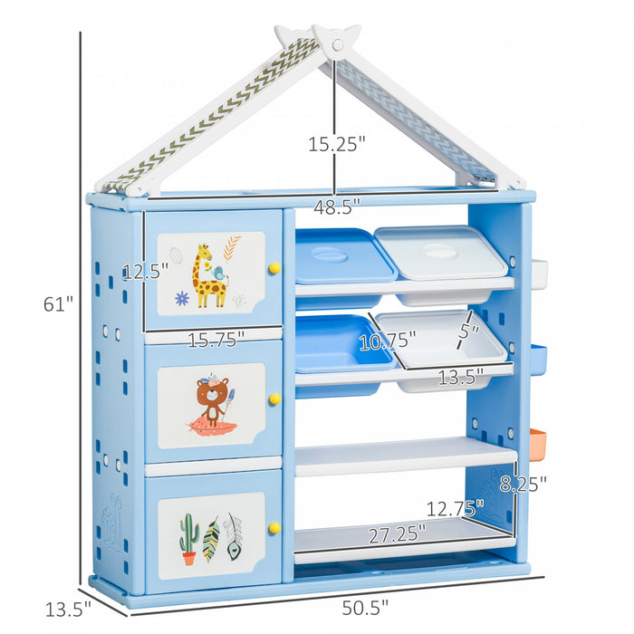 Qaba Meuble De Rangement Pour Enfants Etagere Pour Jouets Avec Etageres Placards De Rangement Boites De Rangement Et Paniers De Rangement Grande Capacite Materiau Pe 50.5\" X 13.5\" X 61\" Bleu