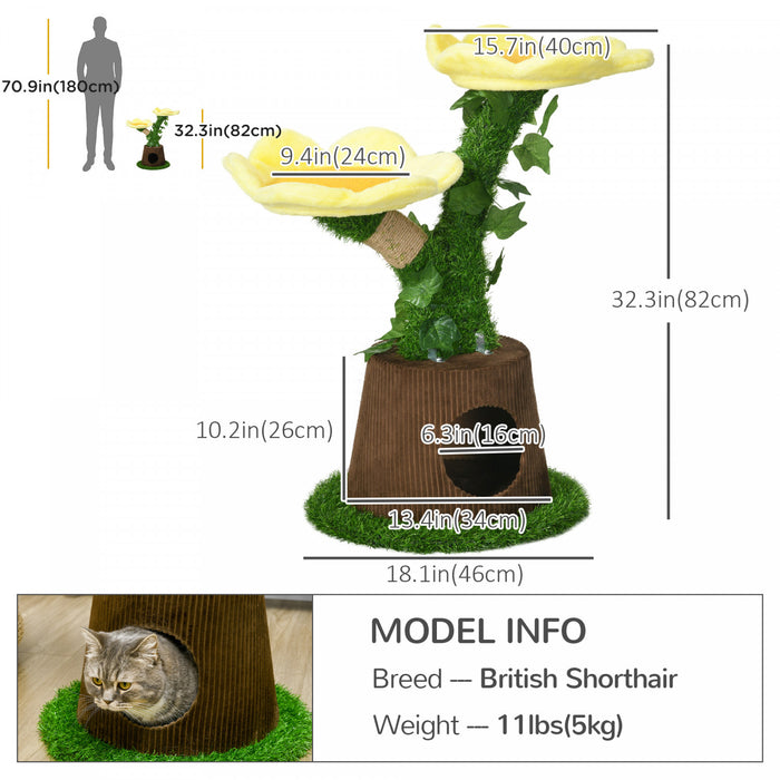 Pawhut Arbre A Chat En Peluche 18\" Avec Deux Plateformes De Fleurs, Tour Pour Chat Multi-activites Avec Griffoirs En Jute, Perchoirs Sureleves, Condo Rond Spacieux Avec Porte, Vert