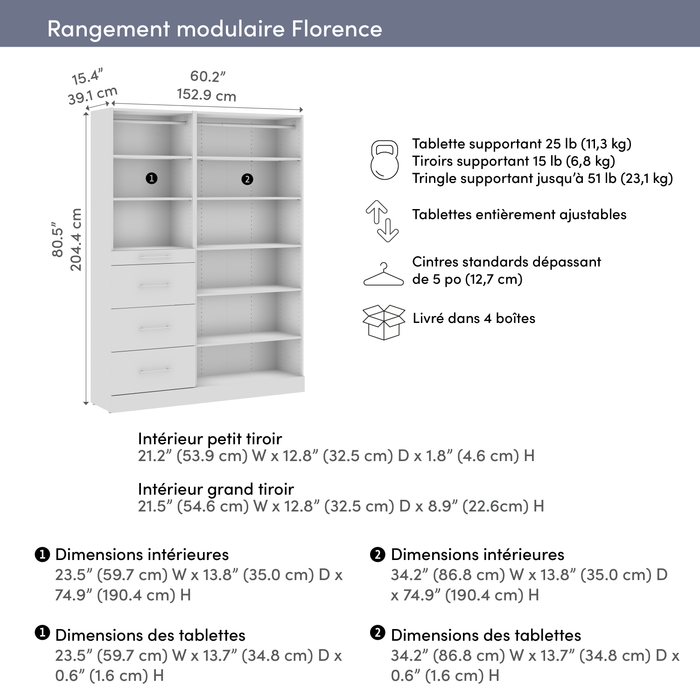 Système de garde-robe et pièce-penderie modulaire Florence de Bestar de 60 po avec rangement - blanc