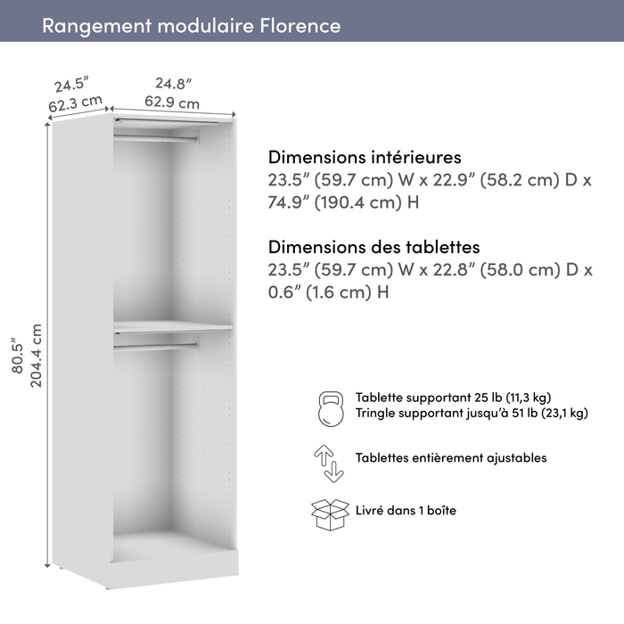 Système de garde-robe modulaire  à 2 espaces pour suspendre Florence de Bestar de 25 po avec éclairage à DEL - blanc