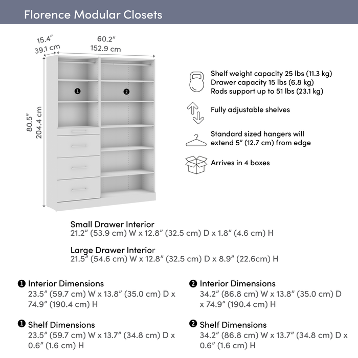 Système de garde-robe et pièce-penderie modulaire Florence de Bestar de 60 po avec rangement - blanc