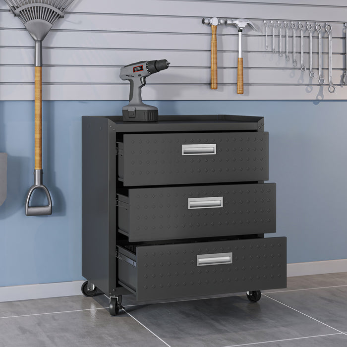 Commode verticale mobile Fortress de Manhattan Comfort de 31,5 po en métal texturé avec 3 tiroirs pour le garage - gris anthracite