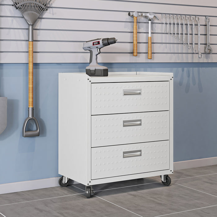Commode verticale mobile Fortress de Manhattan Comfort de 31,5 po en métal texturé avec 3 tiroirs pour le garage - blanche