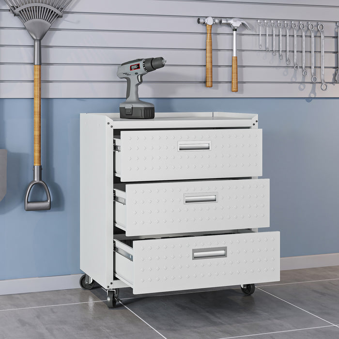Commode verticale mobile Fortress de Manhattan Comfort de 31,5 po en métal texturé avec 3 tiroirs pour le garage - blanche