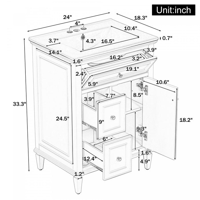 Vivo Meuble-Lavabo Simple 24 po avec Tiroir Bascule et Pieds en Bois Massif, Bleu Gris