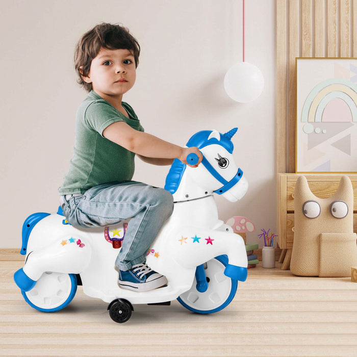 Costway 12v Enfants Monter Sur Jouet Unicorne Avec Roues D'entrainement Musique Un Bouton Demarrer Cheval Jouet Bleu
