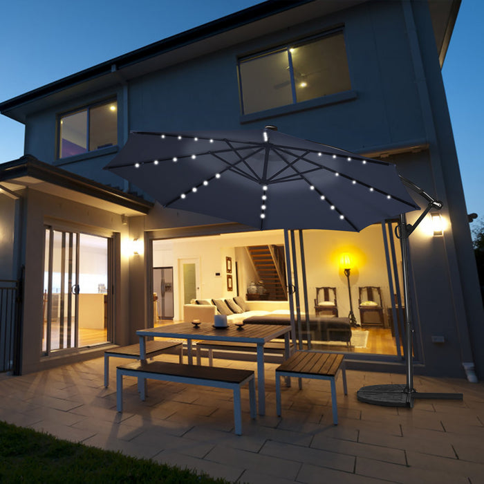 Costway Parasol deporte de patio de 10 pieds, alimente par energie solaire, LED, rotation a 360 degres, aluminium, bleu marine