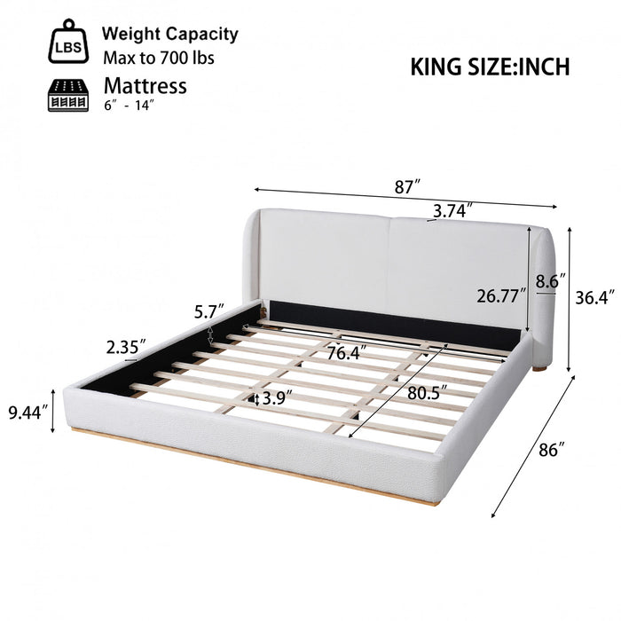 Lit plateforme Lucas a profil bas en boucle avec tete de lit a oreilles rembourree, taille king, blanc