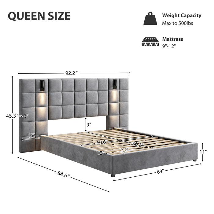 Lit Ethan en Velours a Plateforme avec Tete de Lit a Motif Grille et Ports USB, Taille Queen - Gris