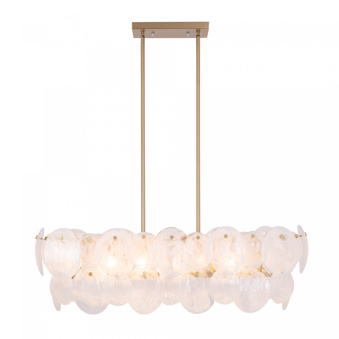 Luminaire D’ilot A 7 lampes Lily, Laiton Brosse Et Verre Genre Murano Blanc Vaporeux
