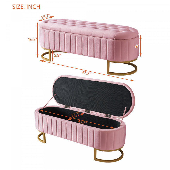 Banc de rangement elegant Amelia en velours capitonne avec pieds en metal, rose