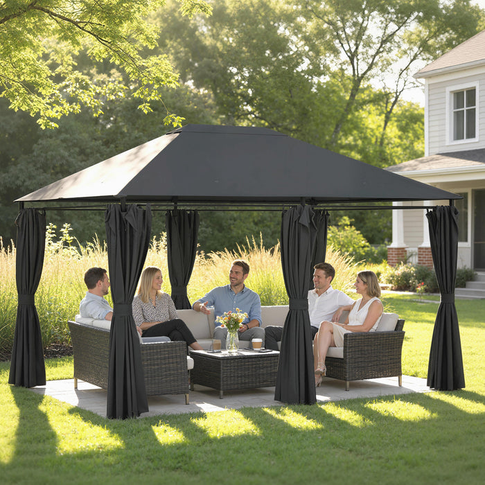Outsunny 3 m x 3,9 m, gazebo d'exterieur avec structure en acier, rideaux, gris fonce