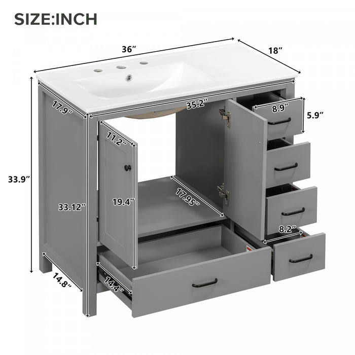 Meuble de salle de bain moderne Derek 36 pouces avec lavabo ceramique et rangement multiple, gris