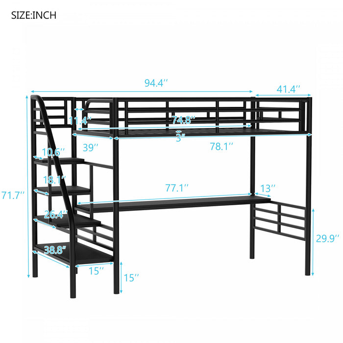 Cherry – Lit Mezzanine Simple En Metal, Design Compact Avec Bureau Et Eclairage Del – Noir