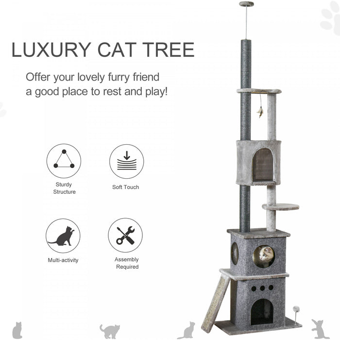 Pawhut 89\"-100\" Arbre A Chat Du Sol Au Plafond Tour D'escalade Pour Chat A 6 Niveaux Reglable En Hauteur Avec Griffoir, Rampe, Condo, Perchoir, Boule De Jouet, Grande Tour Pour Chat, Gris Clair