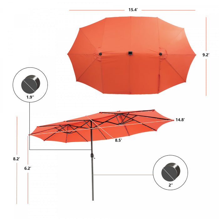 Costway Parasol double face jumeau 15FT pour patio avec 48 LED solaires a manivelle Orange