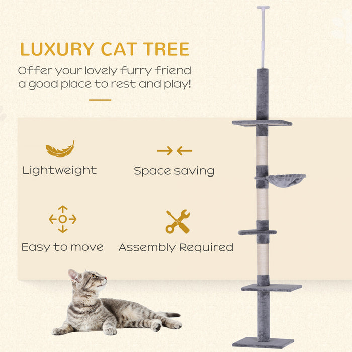 Pawhut Arbre D'escalade Pour Chat De 8,5 Pieds Centre D'activites Kitty A 5 Niveaux Jouet D'escalade Pour Chat Du Sol Au Plafond Avec Poteau A Gratter Meubles Pour Animaux Gris