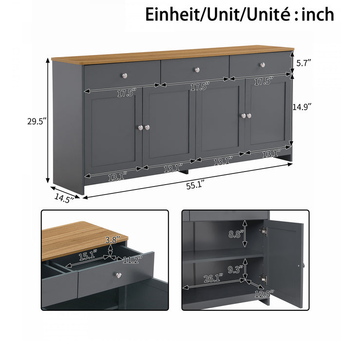 Grace Buffet en Bois Rustique de 55,1\" avec Portes et Tiroirs, Gris