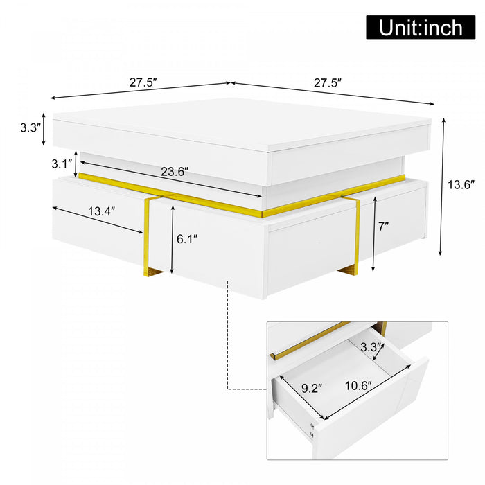 Ava Table Basse a Fini Haute Brillance avec Tiroirs de Rangement et Accents Dores, Blanc