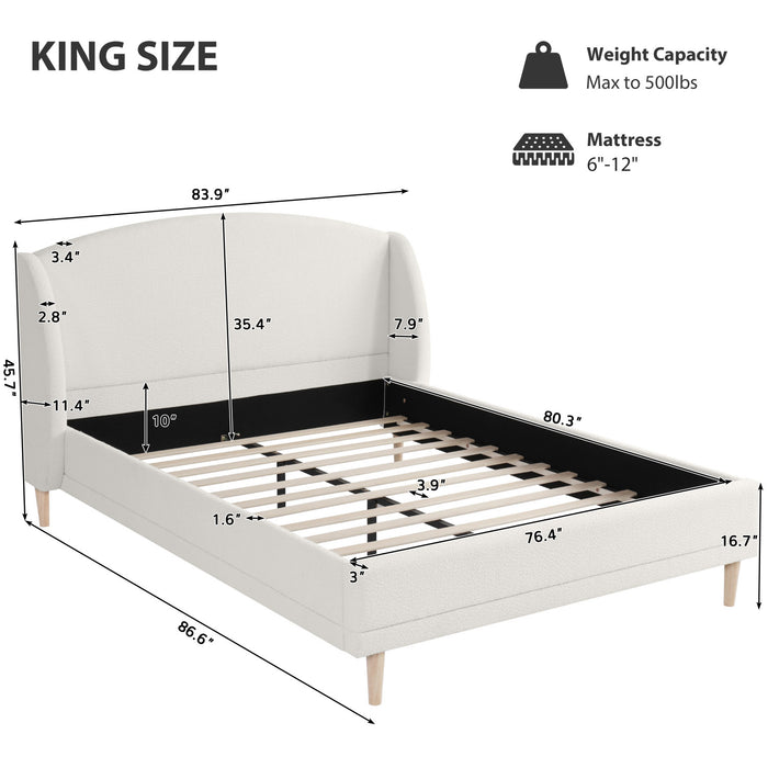 Lit Jeffrey Rembourre avec Tete de Lit Ailes en Tissu Boucle, Taille King - Blanc