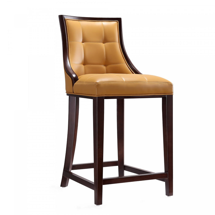 Tabouret de comptoir traditionnel en bois avec assise rembourree Fifth Avenue, coloris camel - Lot de 2