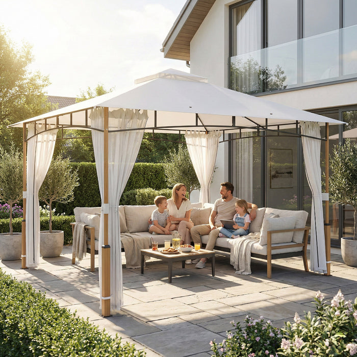Outsunny Tonnelle de Patio 3,6 x 3 m, Double Toit avec Moustiquaire, Blanc Creme
