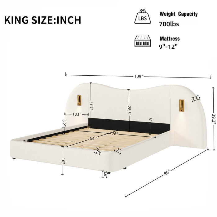 Lit Garcia en boucle avec tete de lit en forme de nuage, lumieres de lecture integrees et ports USB, taille king, blanc