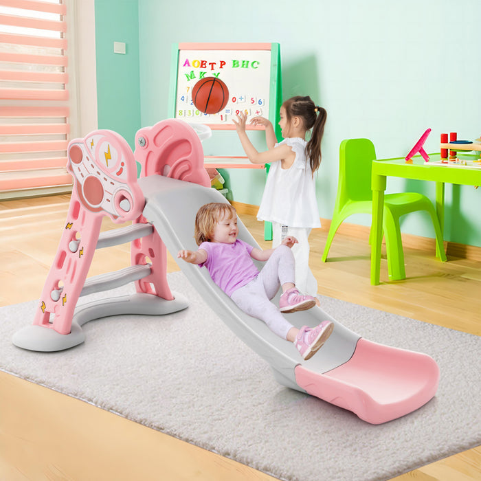 Costway 3-en-1 Enfants Coulisse Interieure Avec Cercle De Basket-ball Et Basket-ball, Zone Tampon Sure Rose