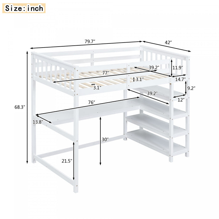 Victoria – Lit Mezzanine Simple En Bois Massif Avec Bureau, Etageres De Rangement Et Eclairage Del – Blanc
