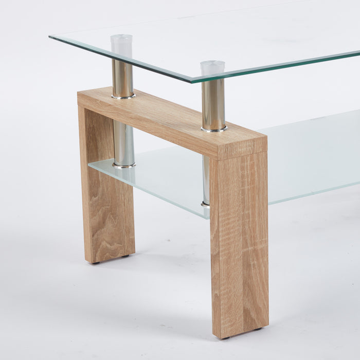 Table basse moderne Lucius au design geometrique en verre trempe avec cadre en metal et verre transparent, naturel