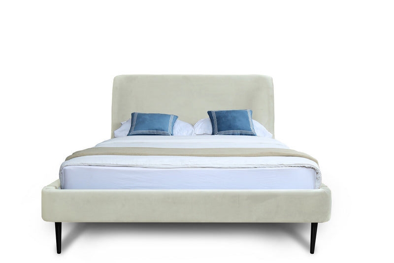 Lit Queen Heather style milieu du siecle moderne, rembourre en velours creme et noir