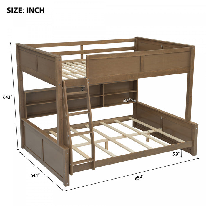 Lit superpose Liam en bois massif Full XL sur Queen avec rangement et ports USB, brun