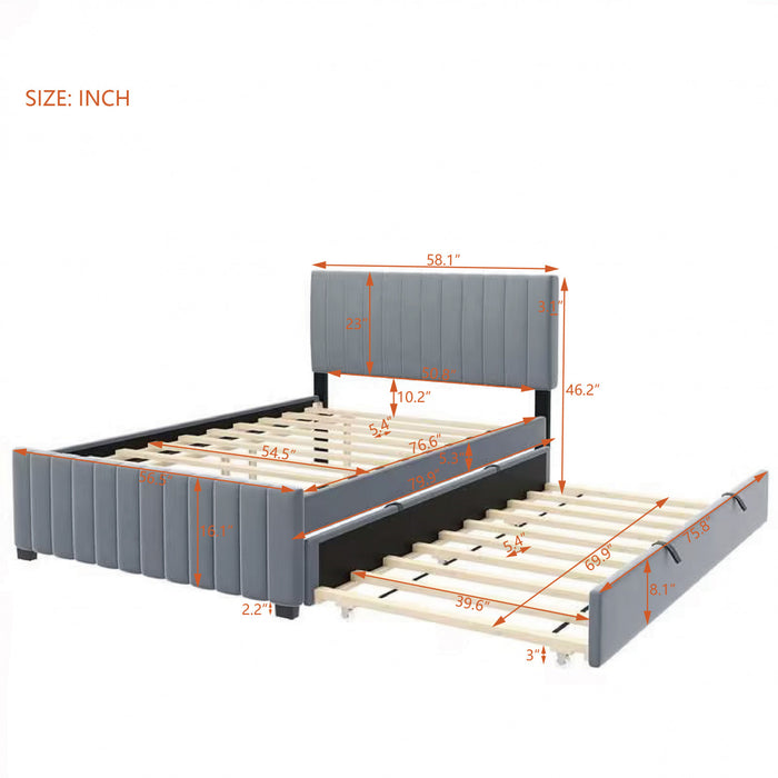 Lit plateforme Ethan rembourre en velours, gain de place, avec tiroir gigogne, taille full, gris