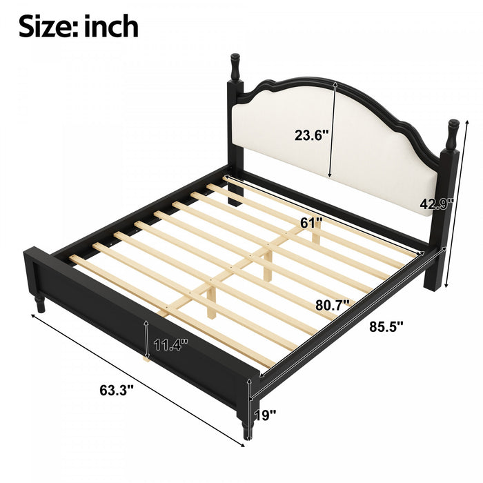 Lit plateforme Miles en bois format Queen avec tete de lit rembourree incurvee, noir