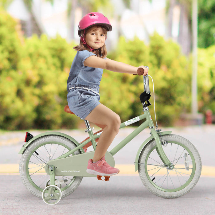 Costway 16\" Velo Pour Enfants Avec Guidon Reglable De Selle Roues D'entrainement Amovibles Frein A Main Vert