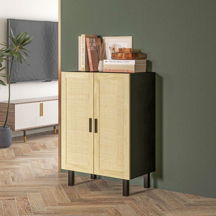 HOMCOM Buffet Boho avec portes en rotin, noir et naturel