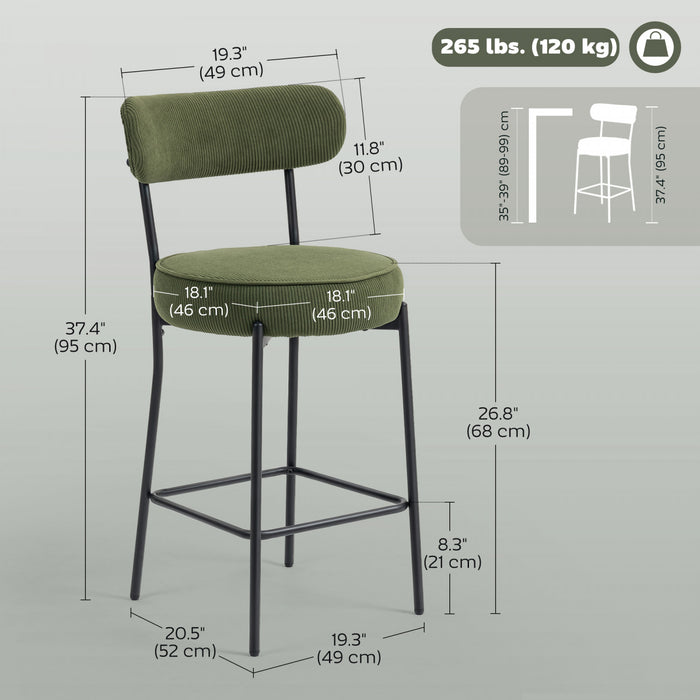 HOMCOM Lot de 2 tabourets de bar modernes, hauteur comptoir 27 po, vert