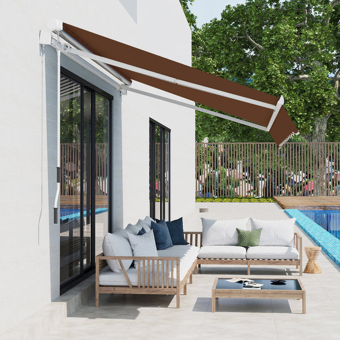 Outsunny 13'x8' Auvent De Patio Retractable Manuel Resistant A L'eau Pare-soleil Terrasse Exterieure Fenetre Porte Auvent Abri Cadre En Aluminium Cafe