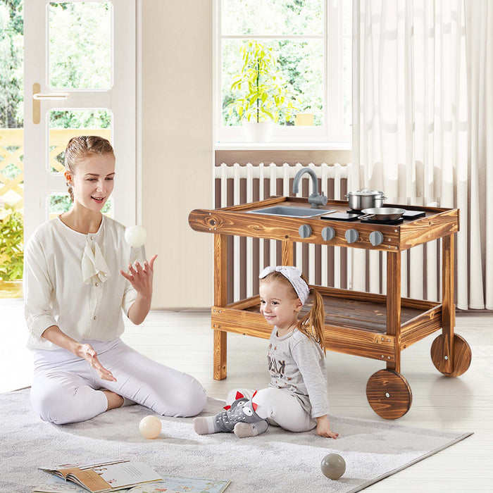 Les Enfants En Bois Boue Jouer Chariot De Cuisine Avec Evier, 4 Poeles Et Etagere De Stockage Naturel