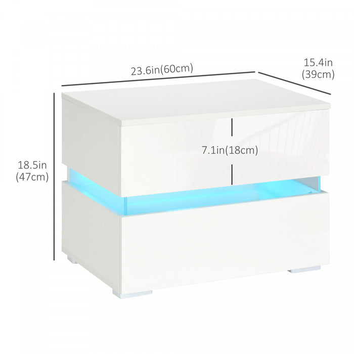 HOMCOM Table de chevet a LED avec tiroirs, Lumiere LED, Blanc