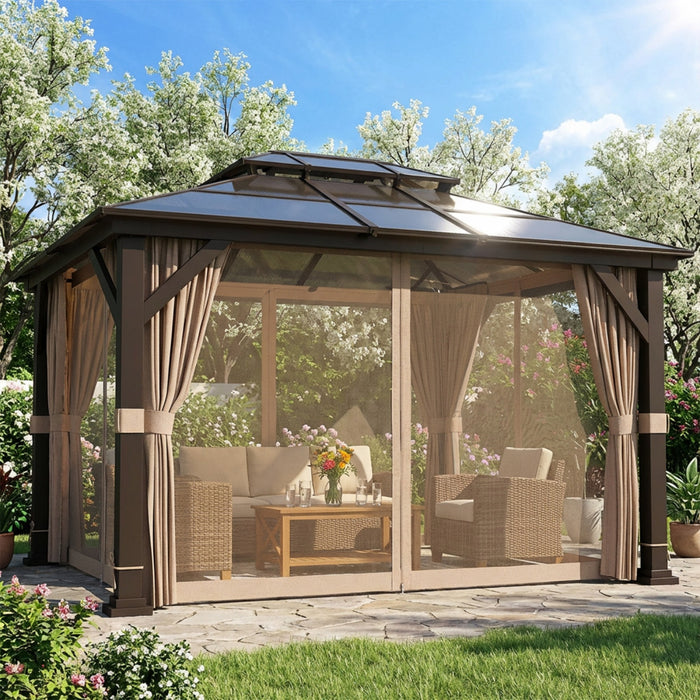 Outsunny Gazebo a toit rigide 3,6 x 2,95 m avec toit double en polycarbonate