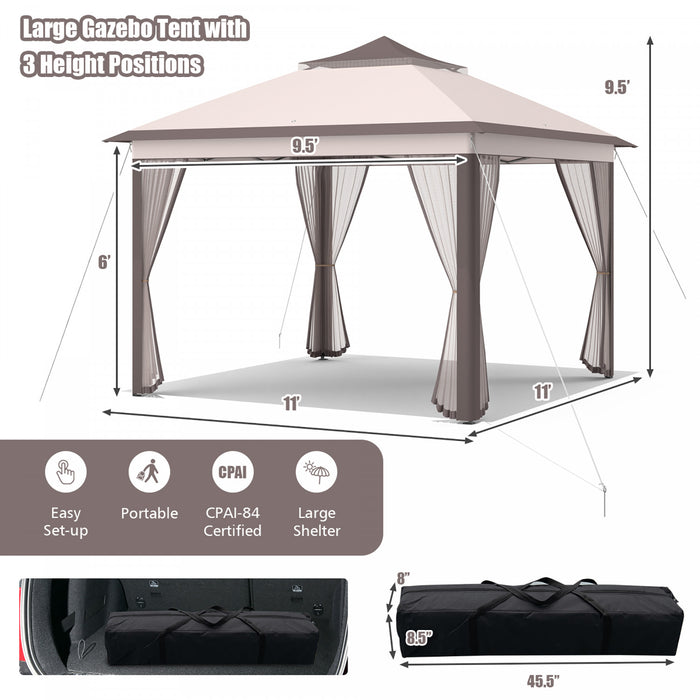 Costway 11’x11’ 2-tier Pop-up Tente Gazebo Abri A Canopy Portatif Sac De Transport Mesh Beige