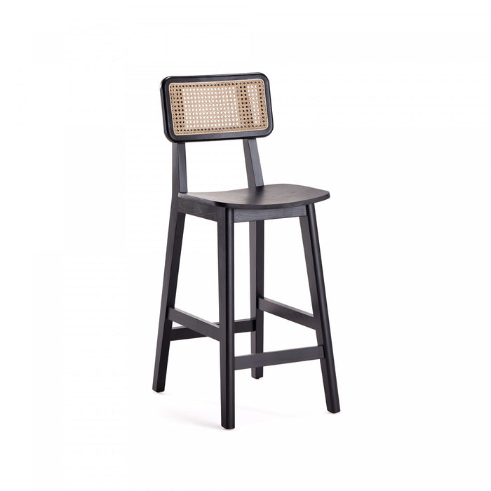 Tabouret de comptoir industriel chic Versailles avec dossier en cannage, bois noir et naturel - Lot de 2