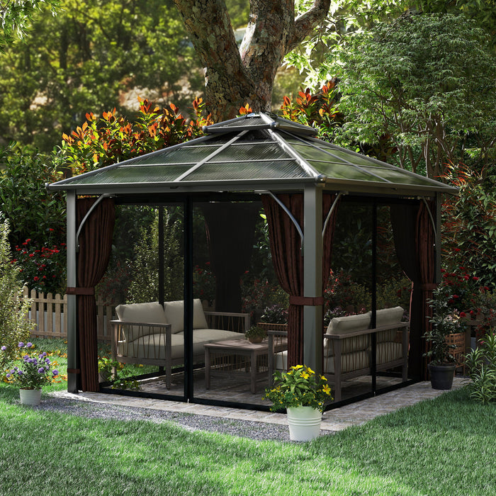 Outsunny Tonnelle 3x3m a Toit Rigide en Polycarbonate avec Rideaux et Moustiquaire